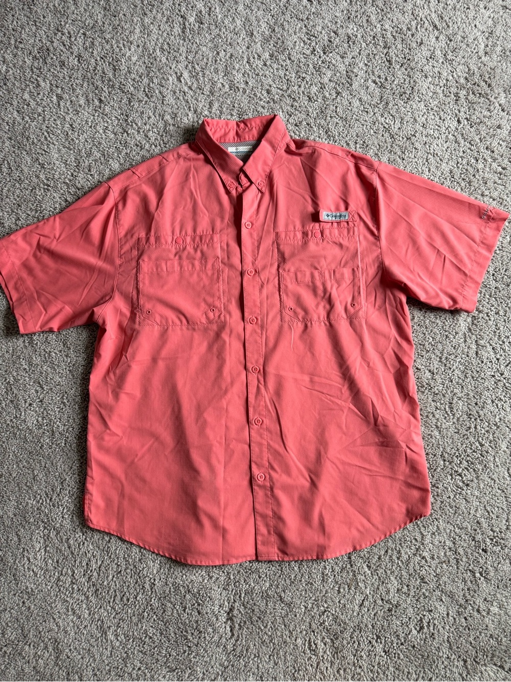Columbia PFG Short Sleeve Shirt Coral Pink Button Up Size Large